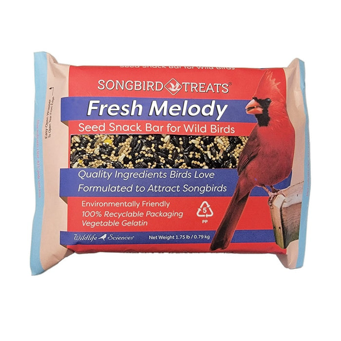 Bag of Songbird Treats Fresh Melody seed snack bar for wild birds with a red cardinal on the packaging.