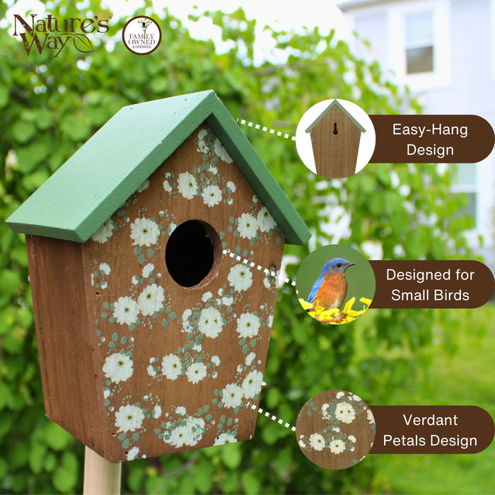 Verdant Petals Decorative Wooden Bluebird House - Weather-Resistant Outdoor Nesting Box