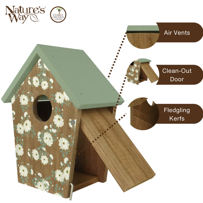 Verdant Petals Decorative Wooden Bluebird House - Weather-Resistant Outdoor Nesting Box