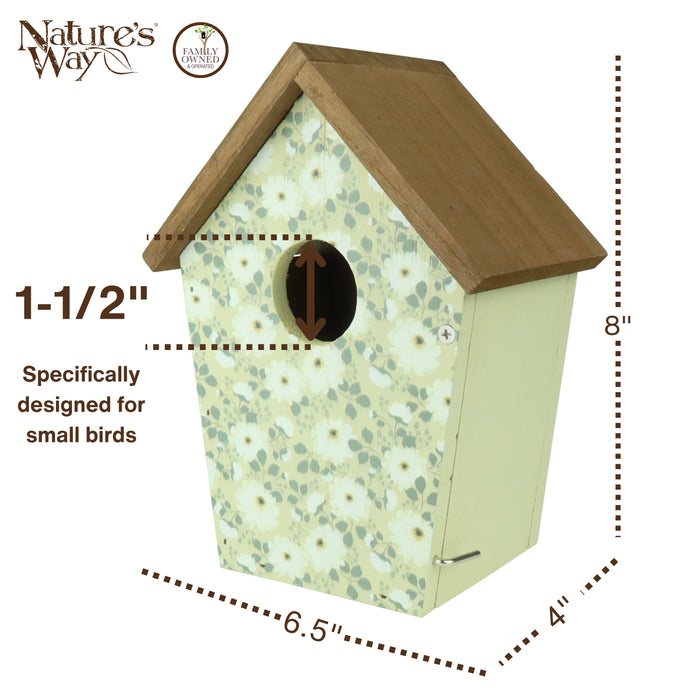 Birdhouse with dimensions and 'Nature's Way' branding on a white background