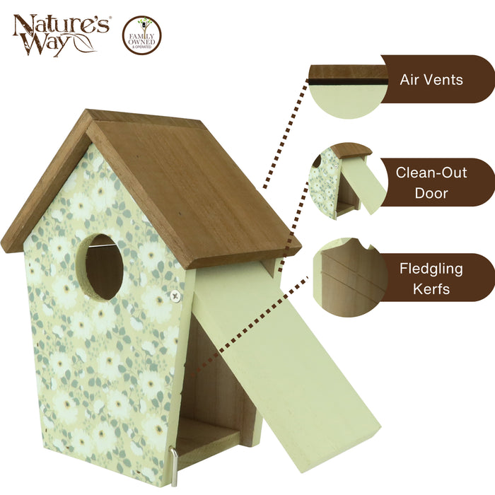Wooden birdhouse with labeled features on a white background, featuring 'Nature's Way' branding.