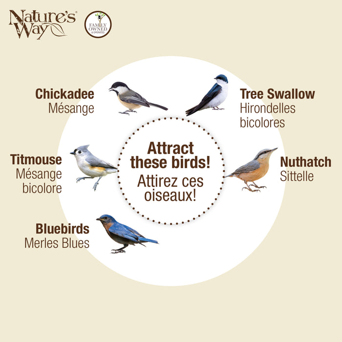 Nature's Way bird attractant product with illustrations of various birds on a beige background.