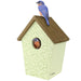 Birdhouse with a brown roof and green body, featuring two bluebirds on a white background.