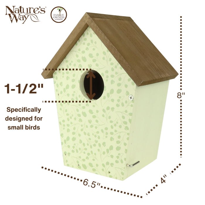 Birdhouse with dimensions and 'Nature's Way' branding on a white background