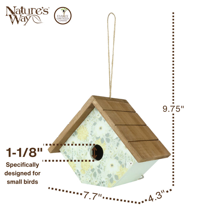 Birdhouse with dimensions and 'Nature's Way' branding on a white background