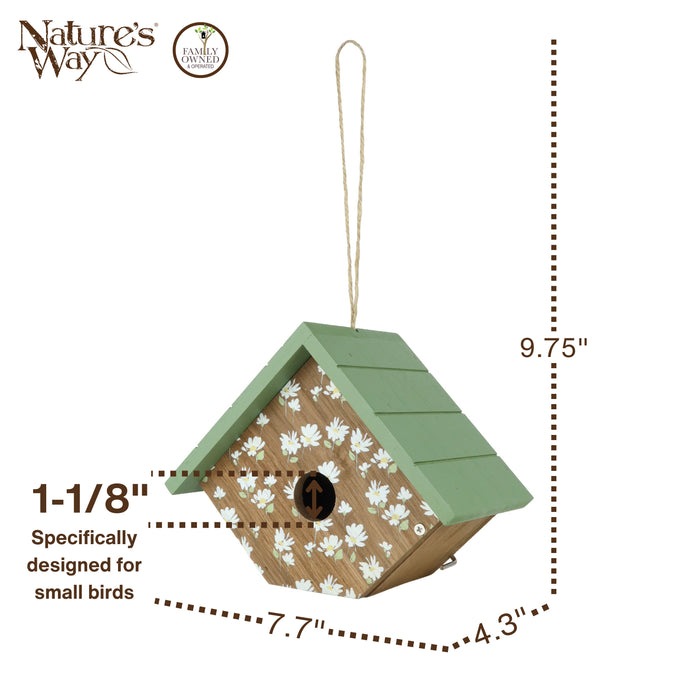 Birdhouse with dimensions and 'Nature's Way' branding on a white background