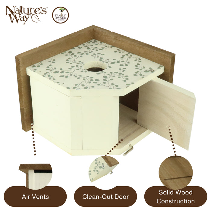 Wooden bee hive with features highlighted on a white background, branded 'Nature's Way'.
