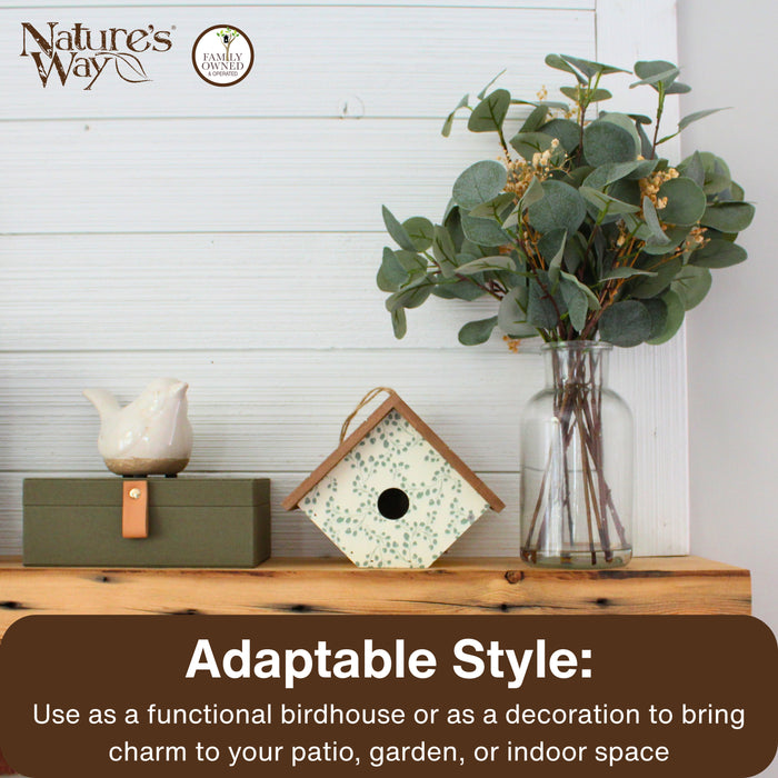 Decorative elements on a wooden surface with 'Nature's Way' branding.
