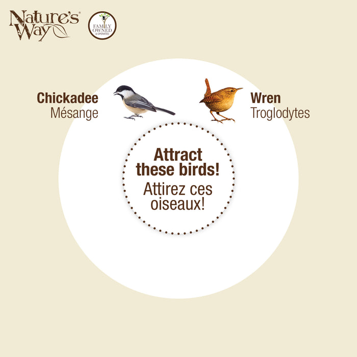 Nature's Way advertisement with chickadee and wren illustrations on a beige background