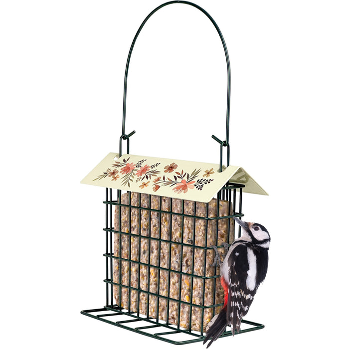 Bird feeder with a floral label and a woodpecker on a white background