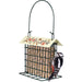 Bird feeder with a floral label and a woodpecker on a white background