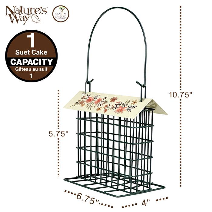 Bird feeder with floral design on a white background, featuring dimensions and 'Nature's Way' branding.