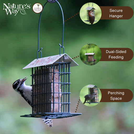 Bird feeder with a bird perched on it, featuring 'Nature's Way' branding and text about features like secure hanger, dual-sided feeding, and perching space.