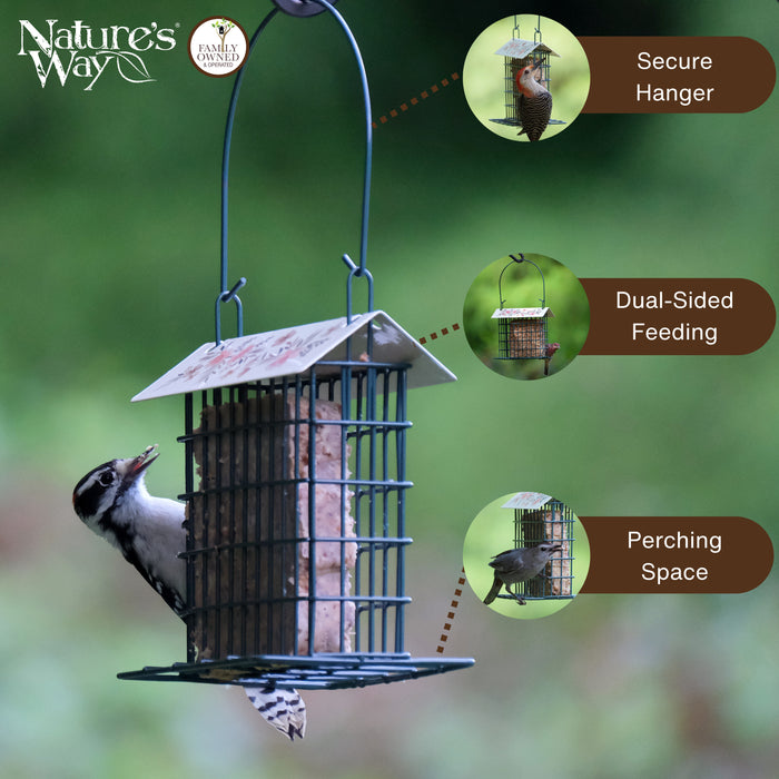 Bird feeder with a bird perched on it, featuring 'Nature's Way' branding and text about features like secure hanger, dual-sided feeding, and perching space.