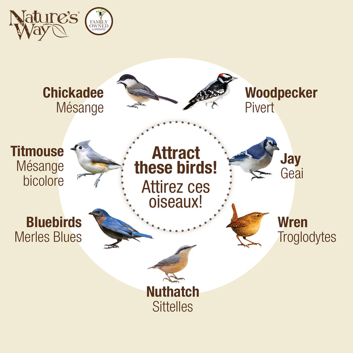 Illustration of various birds with their names and a call to attract them, featuring Nature's Way brand.