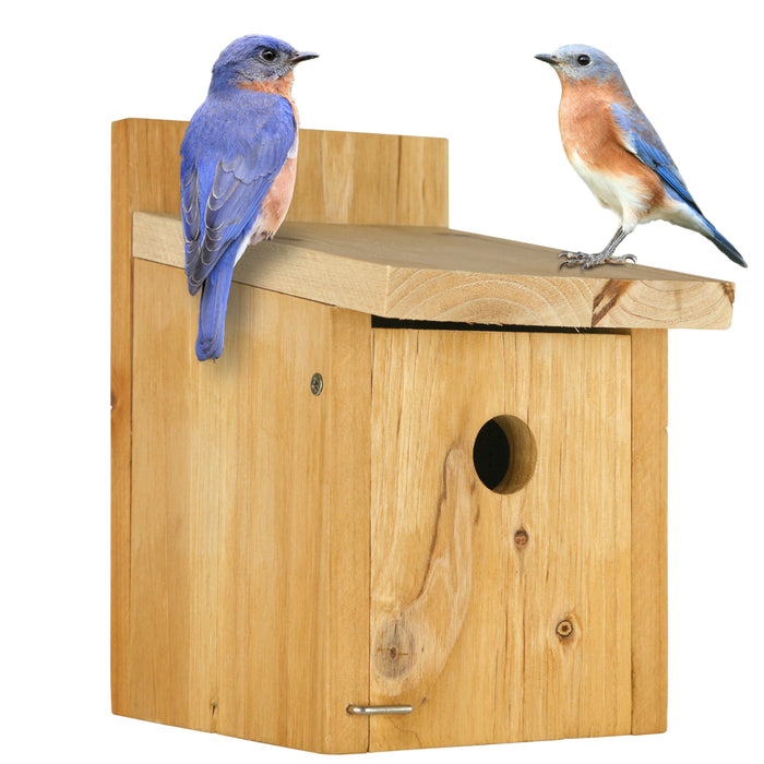Wooden birdhouse with two bluebirds on a white background