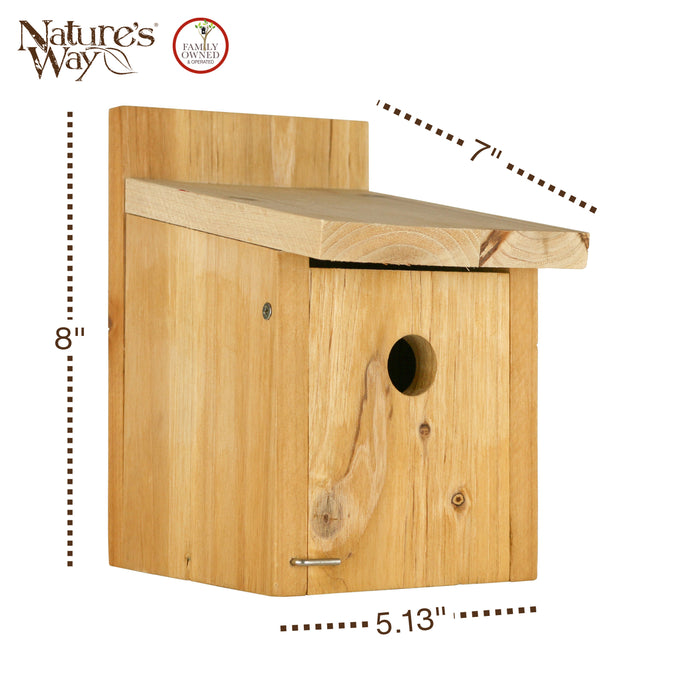 Wooden birdhouse with dimensions labeled on a white background, featuring 'Nature's Way' branding.