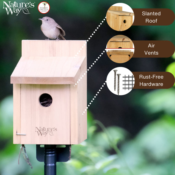 Wooden birdhouse with features highlighted on a blurred natural background