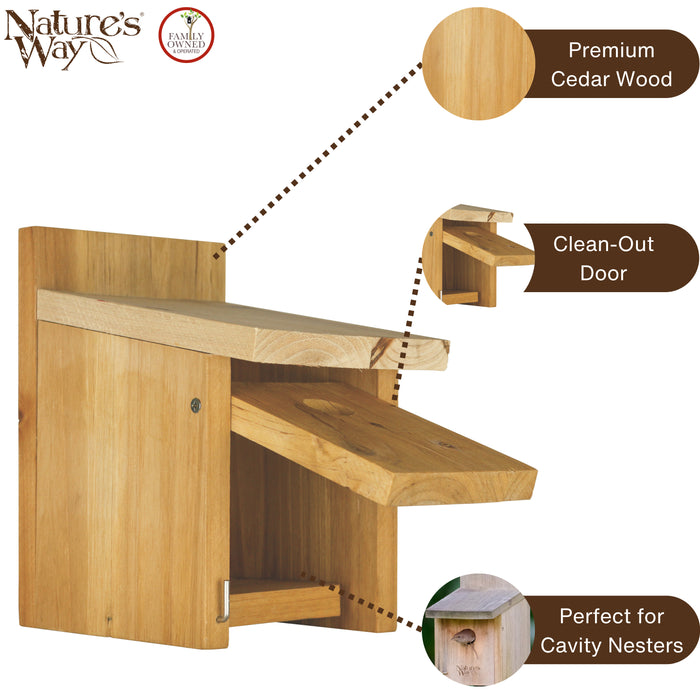 Wooden birdhouse with features highlighted, including premium cedar wood, clean-out door, and suitability for cavity nesters.
