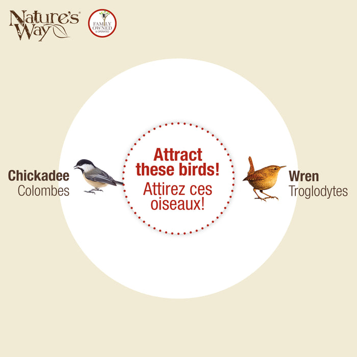 Nature's Way bird attractant packaging with chickadee and wren illustrations on a beige background.