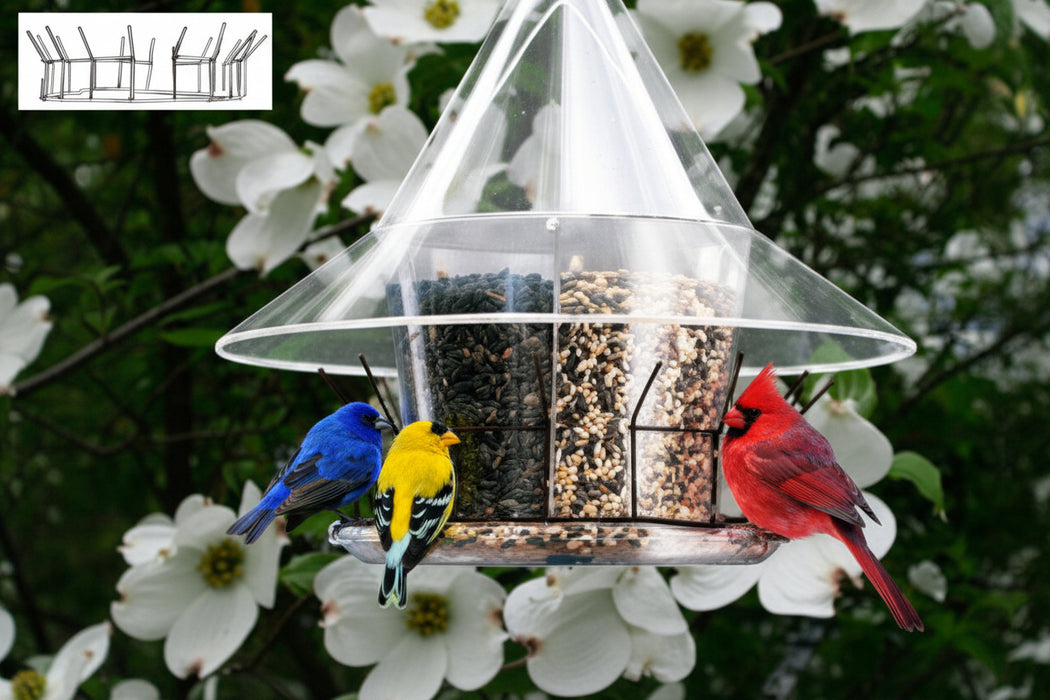 Sky Cafe Dove Guard designed to protect smaller birds from larger doves, displayed with colorful birds on the feeder it's meant to protect.