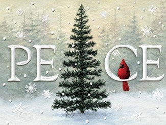 A festive Christmas greeting card design featuring a snow-covered evergreen tree, a red cardinal perched on the right side of the word 'CE', and the large letters 'PE' and 'CE' spelling 'PEACE' across a snowy winter background with falling snowflakes.