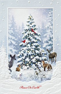A square Christmas art print or card featuring a snowy winter forest scene with a snow-covered evergreen tree, red birds, deer, and a dog in the foreground. The border is light blue with snowflake-like speckles, and the text 'Peace On Earth' appears at the bottom.
