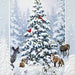 A square Christmas art print or card featuring a snowy winter forest scene with a snow-covered evergreen tree, red birds, deer, and a dog in the foreground. The border is light blue with snowflake-like speckles, and the text 'Peace On Earth' appears at the bottom.