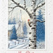 A Christmas greeting card featuring a winter landscape illustration with a birch tree, snow-covered church, evergreen trees, and a small red bird, with the text 'Merry Christmas' at the bottom.