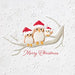 A festive Christmas illustration featuring three cute owl characters wearing red Santa hats perched on a branch, with the words 'Merry Christmas' written below on a white textured background with snowflake details.