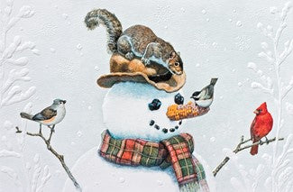 A whimsical winter illustration featuring a snowman with a plaid scarf, a squirrel on its head, and birds perched on branches against a snowy background.