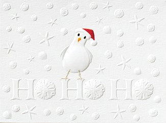 A white textured Christmas card featuring a white goose wearing a red Santa hat, standing above embossed 'HO HO HO' lettering and surrounded by embossed snowflakes and stars.