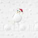 A white textured Christmas card featuring a white goose wearing a red Santa hat, standing above embossed 'HO HO HO' lettering and surrounded by embossed snowflakes and stars.