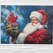 A square Christmas-themed art print or diamond painting canvas featuring Santa Claus in a red suit holding a glowing bird against a snowy blue background, displayed on a white textured surface.