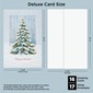 A product preview showing a small vertical greeting card with a printed Christmas tree illustration and a blank white back side, labeled 'Deluxe Card Size' at the top.