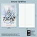 A product mockup showing a vertical art print on the left with a winter forest scene and the text 'Deluxe Card Size', alongside a larger blank white card template on the right.