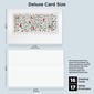 A product listing preview for a custom printed card, showing a small sample card with a colorful abstract pattern on the left and a blank white card area on the right, labeled 'Deluxe Card Size' against a light gray background.