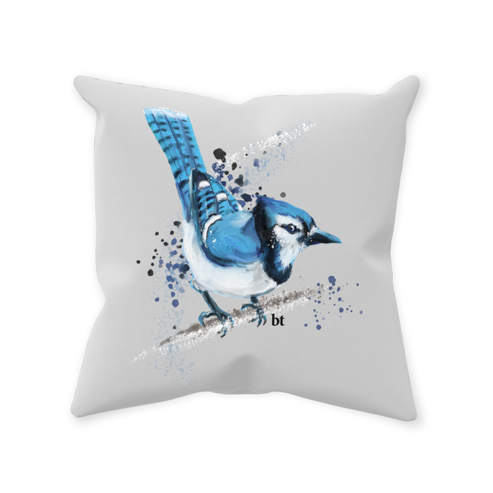 Throw Pillow Poly Fiber Double-Sided Painted Blue Jay Design 14 IN