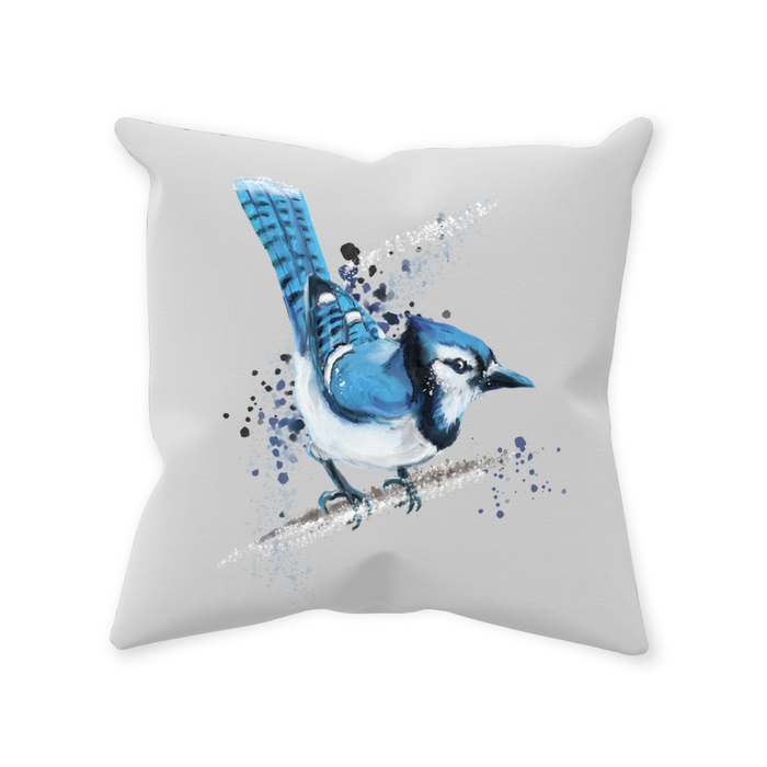Throw Pillow Poly Fiber Double-Sided Painted Blue Jay Design 14 IN