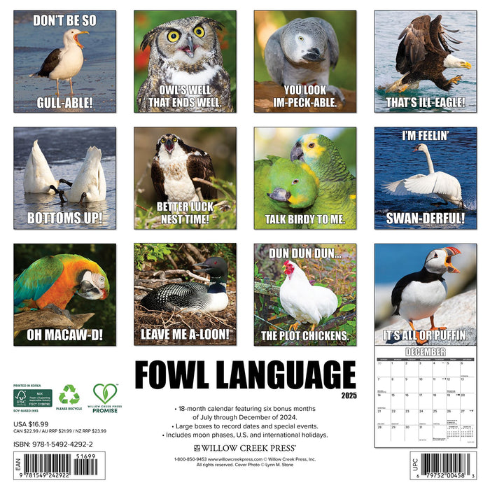 2025 Fowl Language Wall Calendar 12 IN