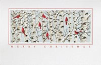 A square Christmas greeting card or print featuring a white background with a central rectangular panel of red birds and branches, bordered in red, with 'MERRY CHRISTMAS' printed in red along the bottom.