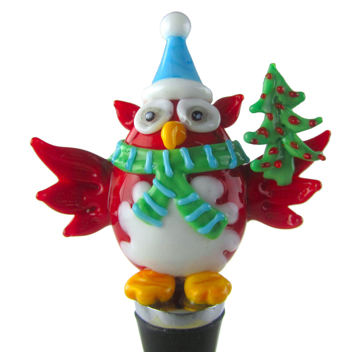 Christmas Owl With Tree Glass Bottle Stopper