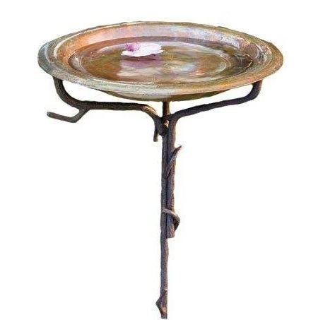 14 IN Solid Copper Birdbath with Twig Metal Stake