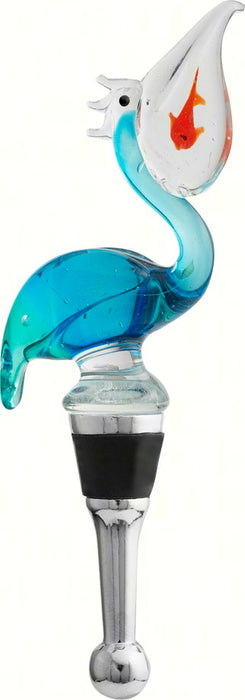 Blue Pelican With Fish Glass Bottle Stopper Hand Crafted