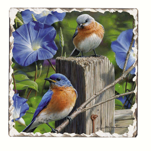 Bluebirds on Fence Post Single Tumbled Tile Coaster 4 IN