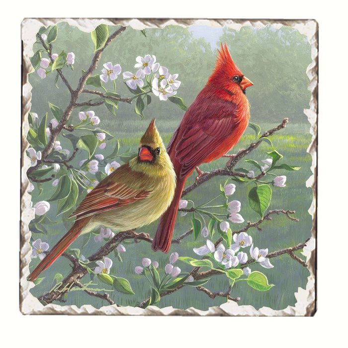 Cardinals and Blossoms Single Tumbled Tile Coaster 4 IN