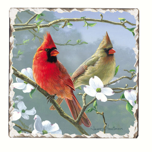 Cardinals in Spring Single Tumbled Tile Coaster 4 IN