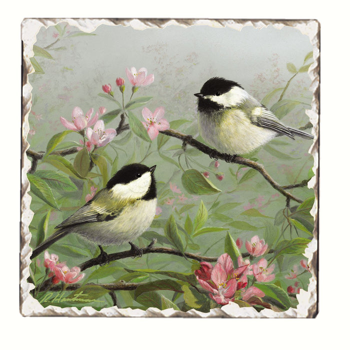 Chickadees and Cherry Blossoms Single Tumbled Tile Coaster 4 IN 