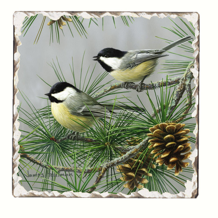 Chickadees and Pine Cones Single Tumbled Tile 4 IN Coaster