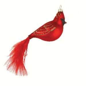 5.6 IN Hand Blown Glass Cardinal with Feather Tail Ornament